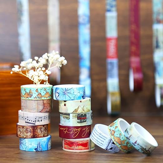 Vintage Washi Tape Set,12 Rolls World Travel Navigation Map Stamp Aesthetic Decorative Tape Masking Washi Tape for Journaling Supplies, Scrapbooking, DIY Arts & Crafts, Gift Wrapping