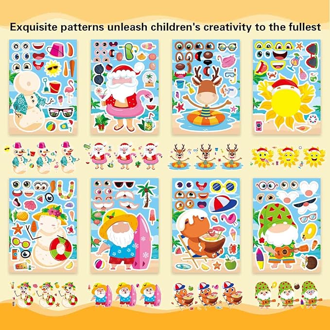 24 PCS Hawaiian Tropical Summer Stickers for Kids, July Christmas Stickers, Make Your Own Mix and Match Sticker with Santa Claus, Reindeer, Gingerbread Man and Snowman, Summer Holiday Party Favor