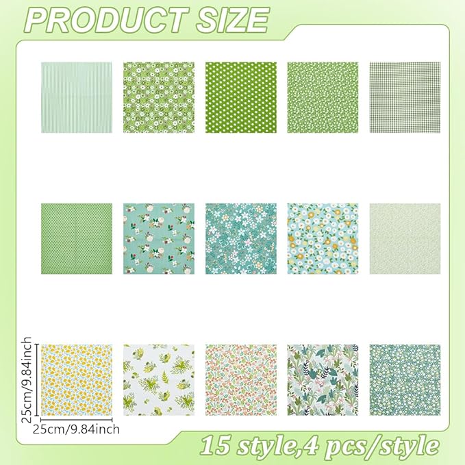 FREEBLOSS 60pcs Cotton Floral Fabric Bundle: 15 Different Patterns, Pre-Cut Quilt Squares, Green (with multiple colors in patterns)