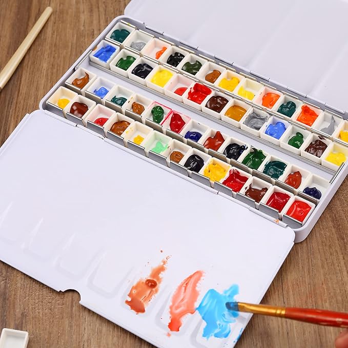 MYARTOOL Empty Watercolor Palette, Empty Watercolor Tin Palette Paint Case with 48 Watercolor Half Pans for DIY Travel Watercolor Palette, Sketching and Plein Air Painting