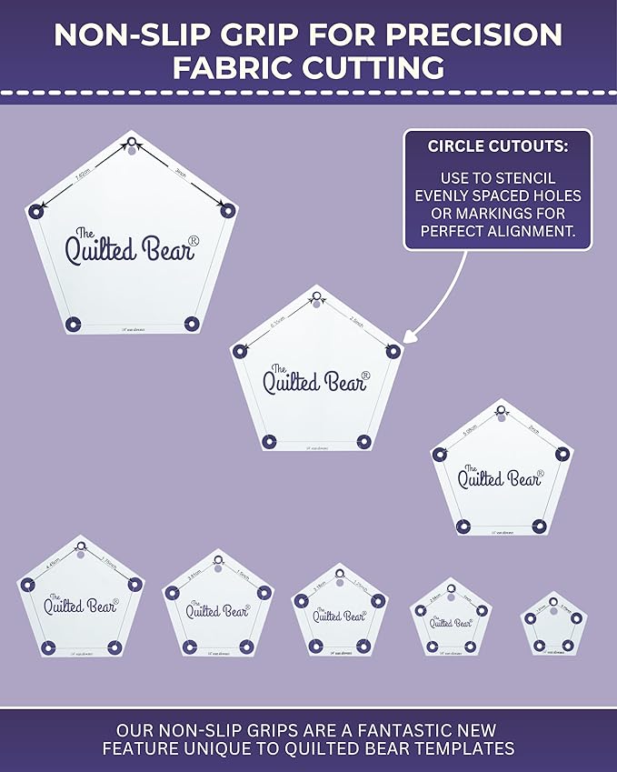 The Quilted Bear Pentagon Quilting Templates – 8 Clear Non-Slip Acrylic Quilt Templates for Precise Fabric Cutting & Stress-Free Machine Quilting - Ideal for Quilt & Sewing Supplies (¾–3")