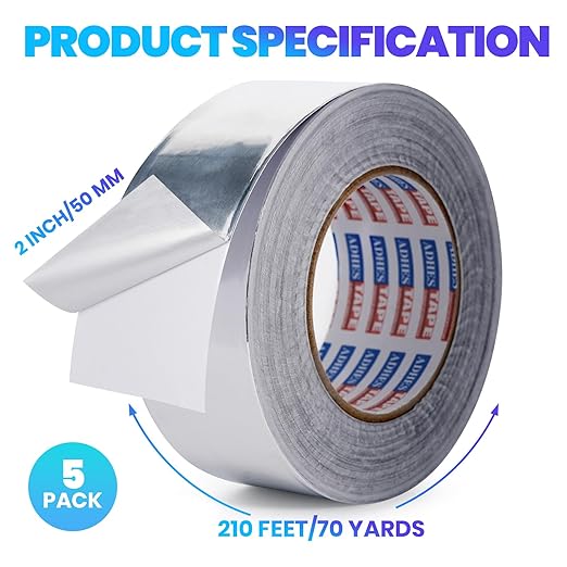 ADHES Premium Aluminum Foil Tape, 2 Inch x 210 Feet (70 Yards), 5Rolls Heat Proof Tape Withstand from 80°C to 100°C, Metal Duct Tape for HVAC, Sealing & Patching, Dryer Vents Pipe
