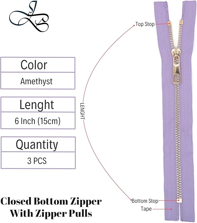 #5 Gold Metal Zipper - 50+ Colors - 3 PCS - (4-14 inches) Sizes - Luxury Lightweight Handcraft Metal Zippers with pulls for Purses Bags Pockets Shoes Sewing & Crafts DIY ZP02236