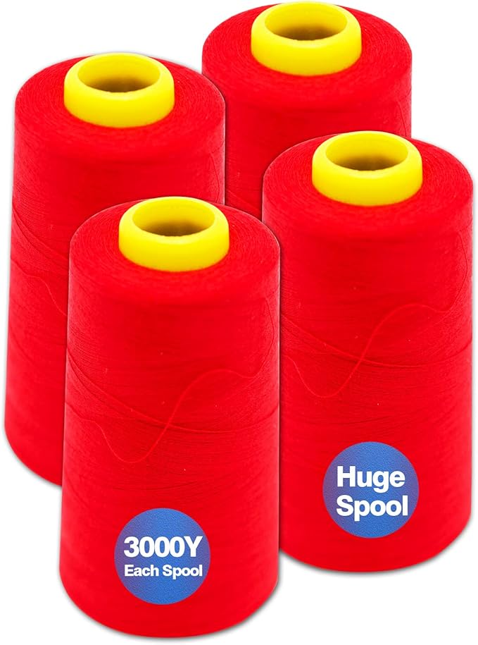 Red Serger Thread, All-Purpose Thread for Sewing, Polyester, 4 Cones of 3000 Yards Each Spool for Sewing Machine