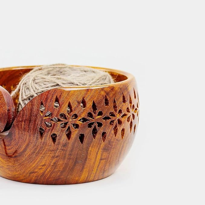 Nagina International Rosewood Crafted Wooden Yarn Storage Bowl With Carved Holes & Drills | Knitting Crochet Accessories (XL)