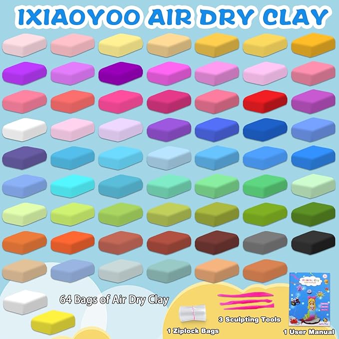 Air Dry Clay, 64 Colors Modeling Clay for Kids, Creative DIY School Arts & Crafts Kit, Soft & Non-Sticky, Birthday & Christmas Toys Gifts for Age 3 4 5 6 7 8+ Years Old Boys Girls Kids