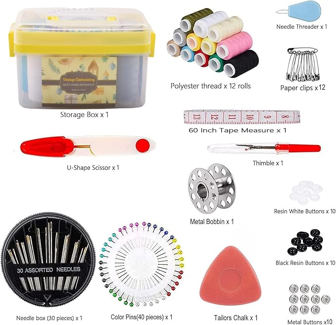 Sewing Kit for Adults & Beginners - Portable Travel Hand Sewing Supplies with Case, Thread, Needles, Scissors - Complete Basic Starter Set (Yellow)