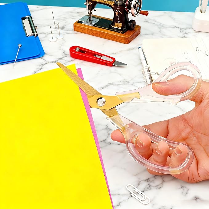 scissors all purpose, Titanium Coated Blades and Ergonomic Clear Handle, Clear Gold scissors for Office Desk, Modern Design for Craft, Sewing, fabric,Office/Gold