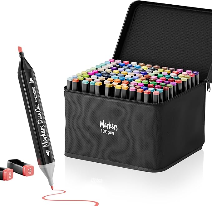 RUN HELIX Alcohol Markers, 120 Colors Dual Tip Markers Broad Brush Tip and Fine Tip, Marker for Coloring Drawing Painting Art, Alcohol Marker Set with Case for Adults (Black Barrel)