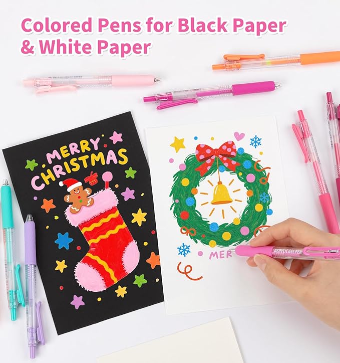 Gel Pens For Coloring, 12 Colors Retractable Colored Pens for Black Paper & White Paper, 0.7mm Fine Point Colorful Pens for Coloring, Writing, Drawing, Journaling, Note Taking, Office, Home