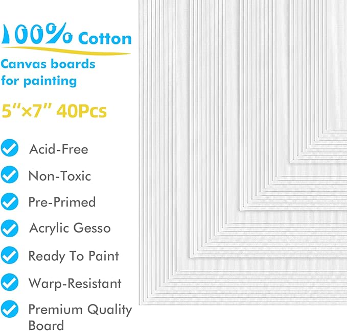 GOTIDEAL Bulk Canvases for Painting, 5 x 7 inch Value Pack of 40, Gesso Primed White Blank Canvas Boards - 100% Cotton Art Supplies Canvas Panel for Acrylic Paint, Pouring, Oil Paint, Gouache