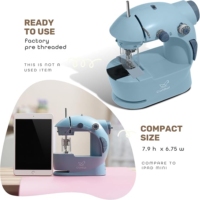 CraftBud Mini Sewing Machine for Beginners, Dual Speed Small Portable Sewing Machine for Kids and Adults with Extension Table, 48 Piece Gift Set Includes, Pedal, Projects Book, Light and More, Blue