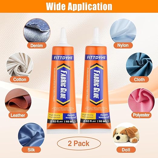 2 Pack Fabric Glue Permanent, 60ML/2.02oz Washable Clear Clothing Glue, Super Fabric Adhesive for Rhinestones, Patches, Clothes, Denim, Leather, Polyester, Fabrics, Doll Repair, Flannel, Cotton
