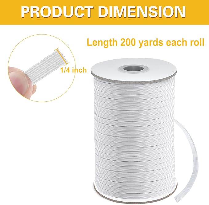 Coopay 200 Yards Length 1/4" Width Elastic Bands Flat Elastic Cord Rope Heavy Stretch Spool Knit for Sewing DIY Projects, Arts & Crafts (White, 1/4 Inch)