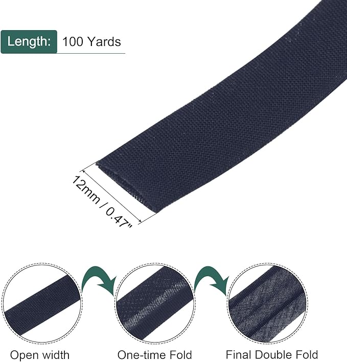 MECCANIXITY 1/2 Inch Double Fold Bias Tape Polyester Continuous Bulk Bias Tape for Sewing, Seaming Quilting Hemming Binding Crafts (Navy Blue 100 Yards)