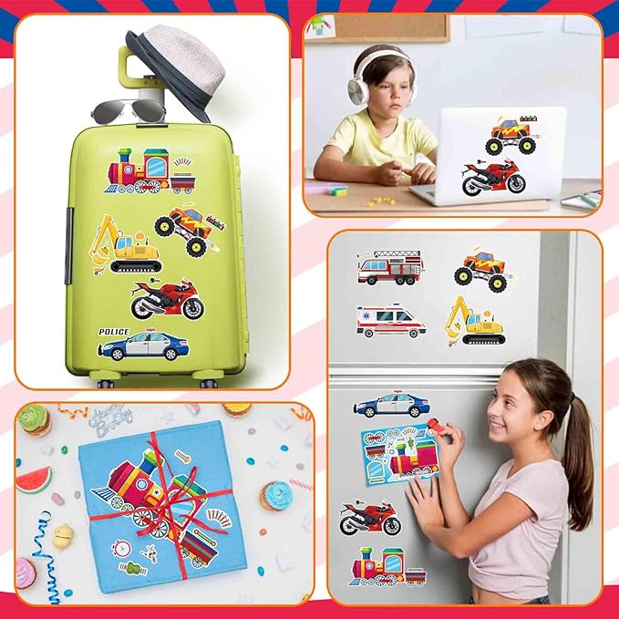 DUJAA 24 Sheets Vehicle Stickers for Kids, Make Your Own Police Car, Ambulance, Truck, Train, Motorcycles Engineering Vehicle Stickers for Toddlers, Brithday Party Supplies Classroom Teacher Reward