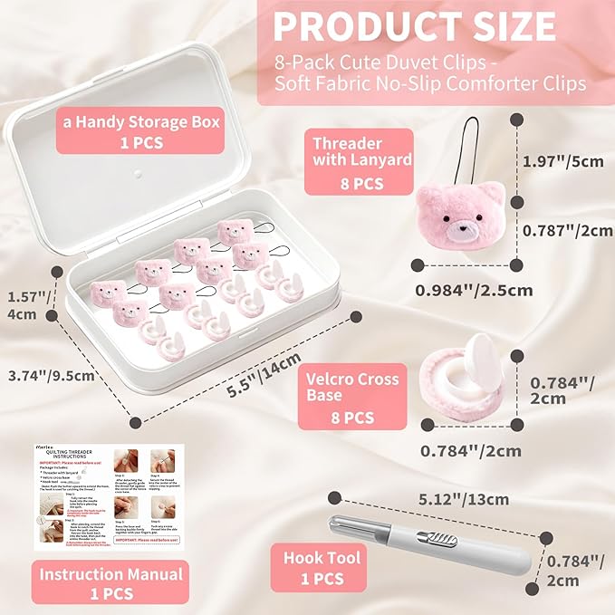 8 Pcs Duvet Clips with Pins Quilt Fixer,Non-Slip Duvet Cover Clips,Duvet Clips to Hold Comforter Inside,No Needles，Bear Pattern(Inc Hook Tool,Storage Box)(Pink)