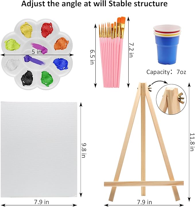 Rabbitale 105 Pcs Art Painting Kit Supplies Set for to Party - 50 Paint Brushes, 24 Acrylic Paints, 5 Wood Easels & Canvas Panels & Palettes & Aprons & Wash Pen Cup, 1 Plastic Tablecloth