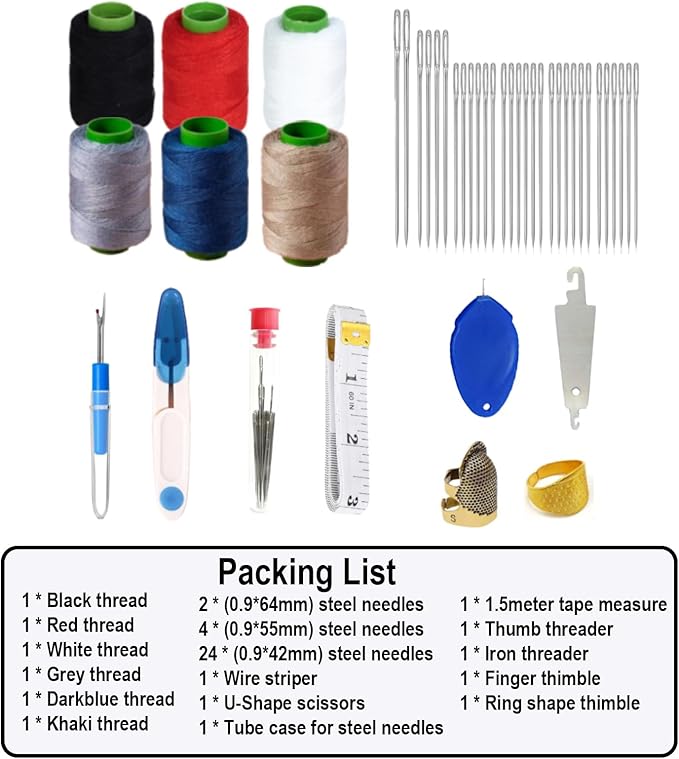 43Pcs Portable Sewing Kit for Adults - Stainless Steel Needles for Hand Sewing Kit with Big Eye & Threader, for Travel and Daily Clothing Repair