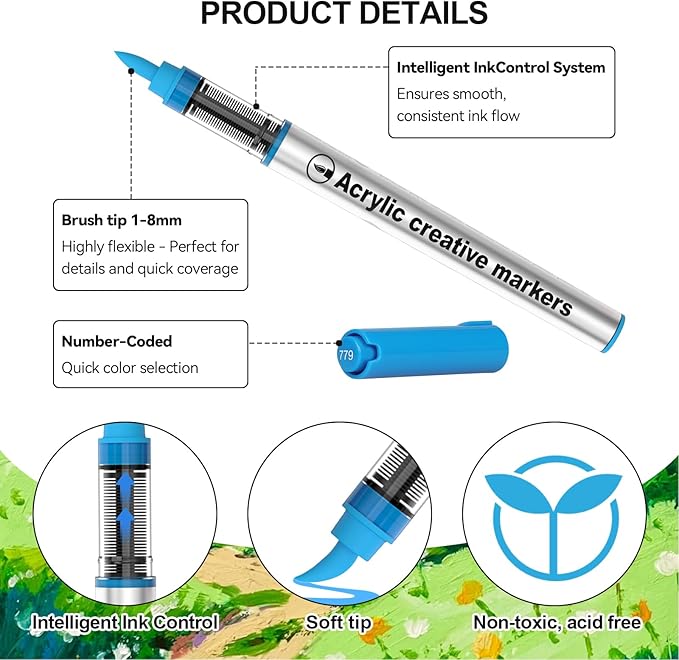 10 Color Acrylic Paint Markers Brush Tip, Waterproof, No-Bleed Ink with Automatic Ink Control, Premium Paint Pens for Rock, Wood, Canvas, Glass, Fabric for Professional and Adult Artists