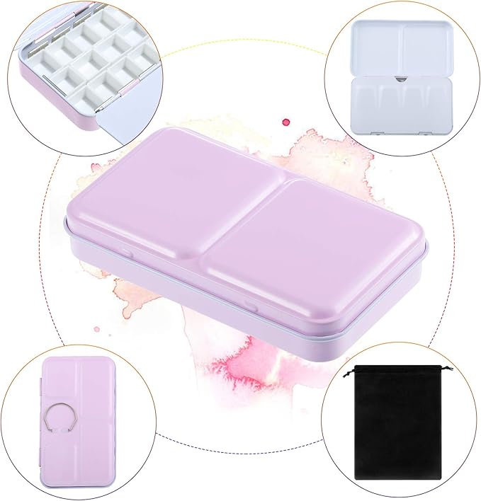 Zonon 51 Pcs Watercolor Paint Palette and Half Pans Set Watercolor Tin Box, Metal Palette Paint Case with Lid Empty with Storage Bag for Travel Artist(Pink)