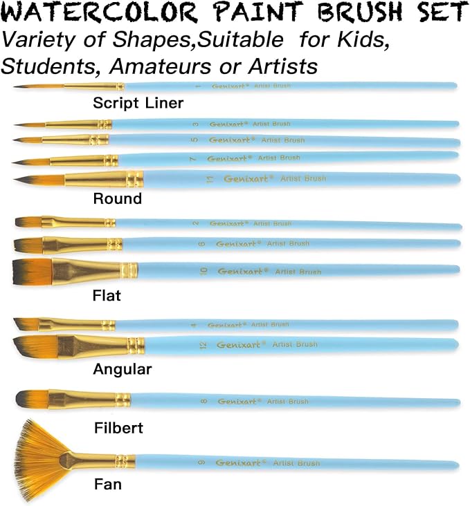 Genixart Paint Brush Set for Acrylic Oil Watercolor, Synthetic Nylon Hairs Artist Paintbrushes for Nail Face Body Professional Art Painting, 12 Pack Paint Brushes for Students Adults (SkyBlue)