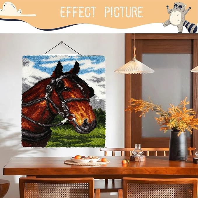 EMISTEM Latch Hook Kits for Adults - DIY Latch Hook Rug Kits, Crochet Kit for Beginners, Rug Making Kits with Printed Canvas, Gift Packaging.(Snow-Capped Mountains and Fine Horse, 20x15)