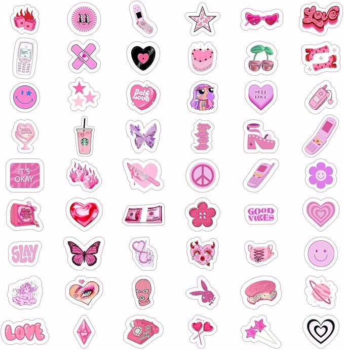 BulbaCraft 100Pcs Y2K Stickers Pink for Water Bottle and Laptop - Y2K Party Supplies & Decorations, Waterproof Vinyl Decals, 2000s and Aesthetic Stickers, Gifts for Women & Men