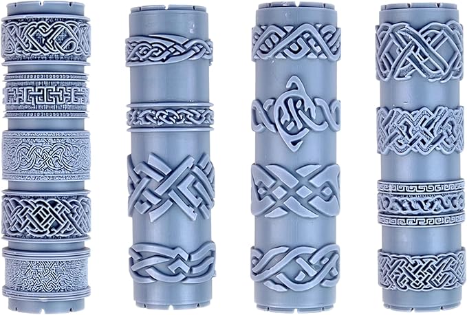 Celtic Knotwork Collection 4-Pack Clay Texture Rollers (4") - Seamless Border Set #01 - Embossing Pattern Rollers for Polymer & Ceramic Clay, Pottery & Crafts