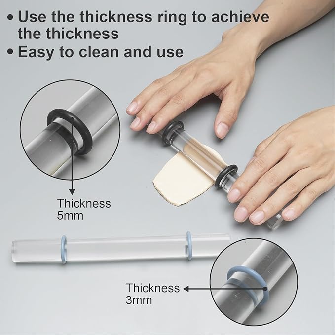 DIYOOHOMY 2Pcs Polymer Clay Roller Tools, Acrylic Rolling Pin with Thickness Rings Kit, Air Dry Clay Tools Clear Slab Roller Supplies