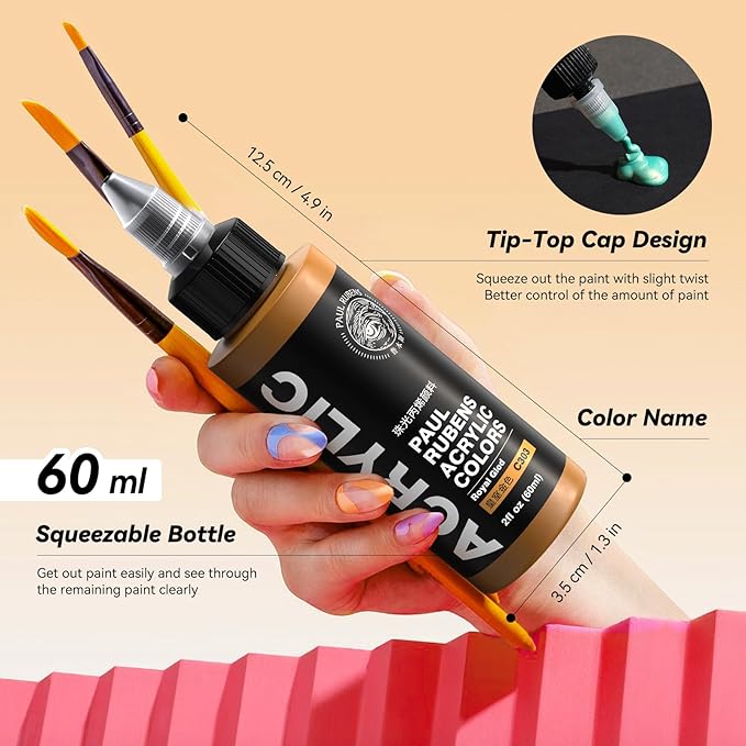 Paul Rubens Acrylic Paint, 12 Colors Metallic Acrylic Paint Set C, 2oz/60ml Bottles, Rich Pigments, Strong Coverage Acrylic Paints For Adults, Artists, Beginners On Canvas Rocks Wood Ceramic Fabric