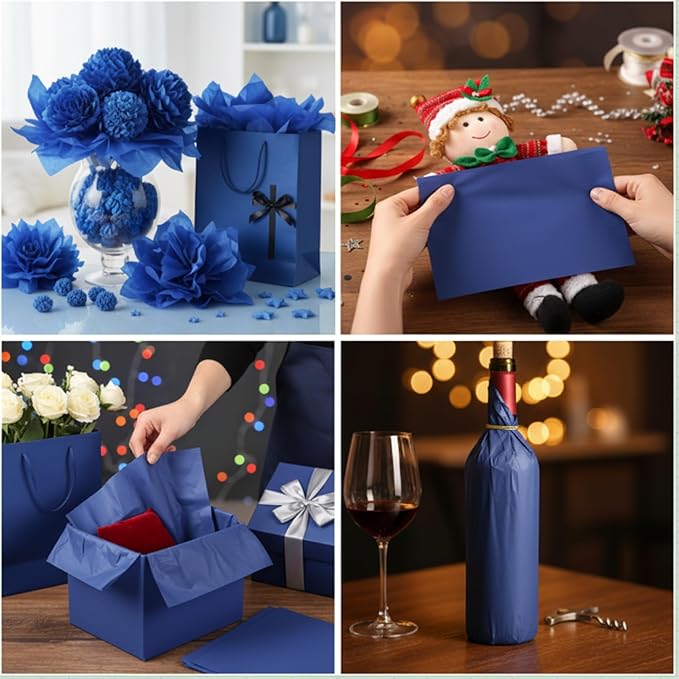 Qilery 500 Sheets Navy Blue Tissue Paper Bulk for Gift Bags 15 x 20 Inch Acid Free Packaging Wrapping Paper Sheets for Winter Ramadan Eid Al-fitr Decor DIY Crafts, Birthday Party, Shipping Packing