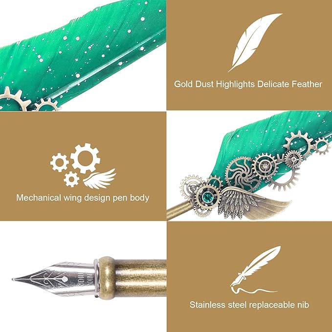 NC Quill Pen Ink Set, Feather Pen Includes 5 Bottles Ink and 6 Replaceable Stainless Steel Nibs, Mechanical Quill Calligraphy Pen for Writing, Letters, Invitations (Green)