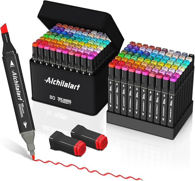 alchilalart 80 Colors Alcohol Markers Set - Dual-Tip Art Markers for Sketching, Animation, Blending - Professional Art Supplies for Artists, Designers, Adults