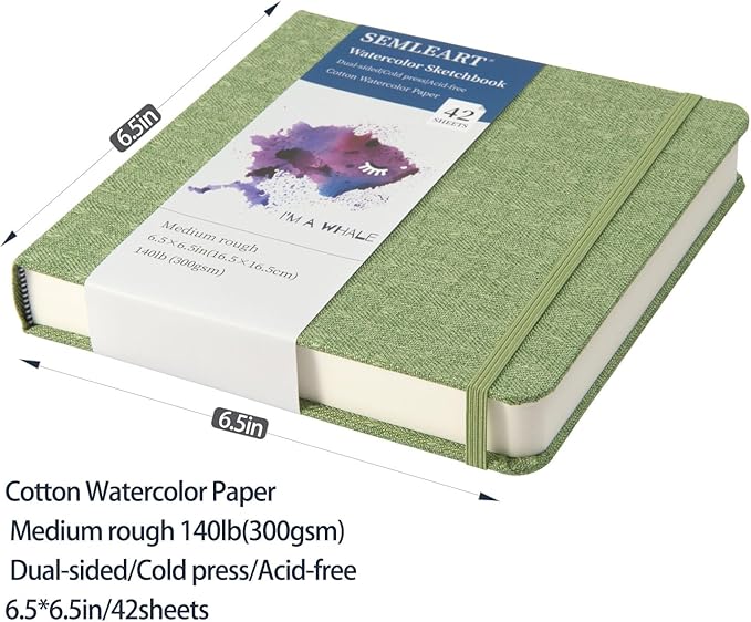 SEMLEART Hardcover Watercolor Journal,Square, 42 Pages, 6.5x6.5, 140 lb/300 GSM, Acid-Free, Cold Press, Cotton Pulp, Perfect for Artists & Travel Sketching (6.5×6.5in)