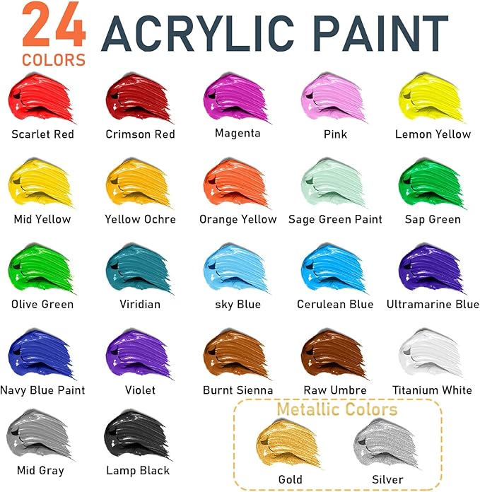GOTIDEAL Acrylic Paint Set with Paint Brushes, 24 Colors(59ml, 2 oz) Art Craft Paint for Adults and Kids, Perfect for Artist, Beginner, Ideal for Wood, Canvas, Rocks, Outdoor Painting Supplies