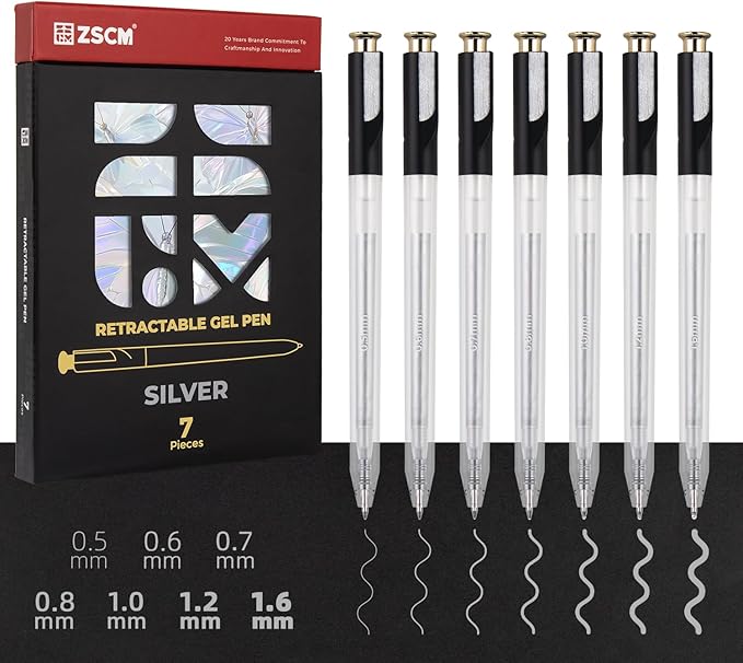 Retractable Silver Gel Pen, 7 Nib Sizes - Precision Large Capacity Opaque Silver Archival Gel Ink Pens, Fine Point Smooth Writing Highlighter Pens for Black Paper Note Taking Aesthetic Art Supplies