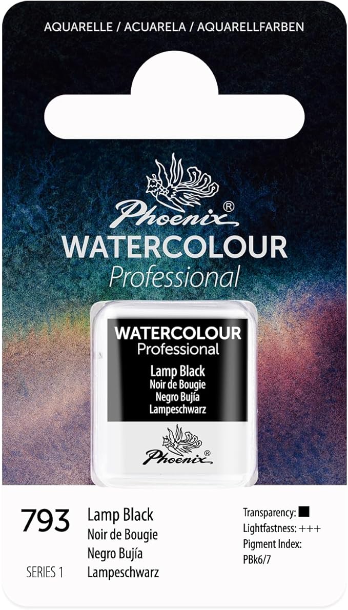 PHOENIX Professional Watercolor Paint - Single Watercolor Half Pan - Lamp Black 793