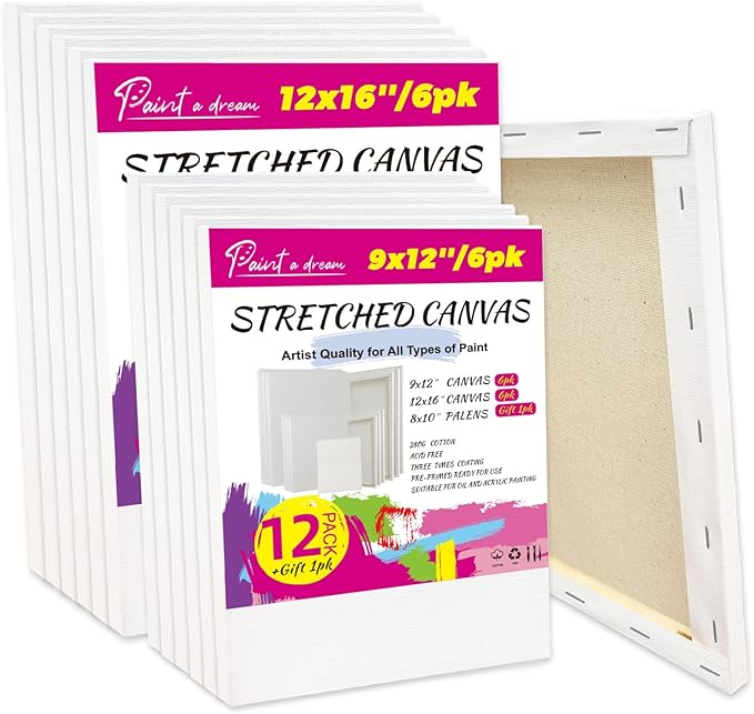 12 Pack Stretched Canvas for Painting with 9x12, 12x16, 6 of Each, 5/8" Profile Thick Premium Wood Frame, 12 oz Primed 100% Cotton Acid-Free Blank Canvas for Acrylics, Oils, Gouache & Tempera