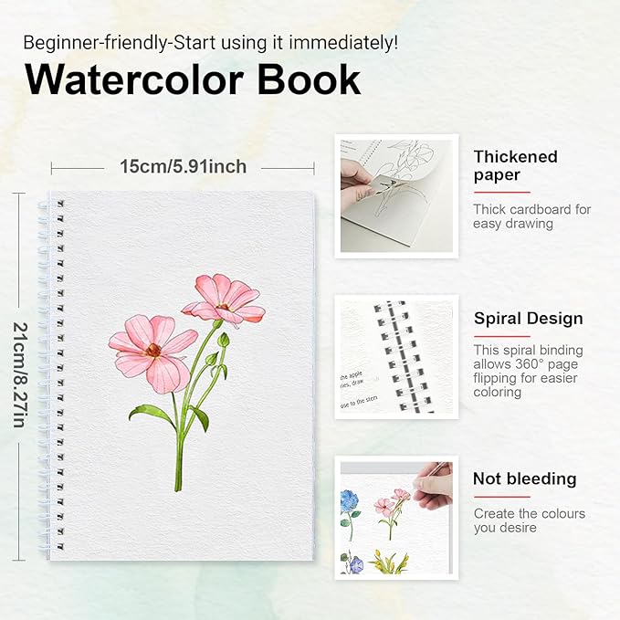 Watercolor Workbook for Beginners with Step-by-Step - 12 Watercolor Coloring Pages - 100% Cotton 300gsm/140lb Watercolor Paper - Gift for Women,Adults, Teens (Flower)