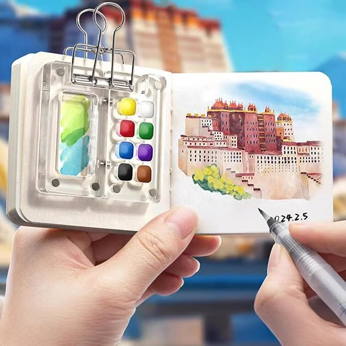 Mini Travel Watercolor Set Pocket Artist Watercolor Travel Set Grid Palette Box Sketch Book Brush Pens With Binder Clips For Painters Artists Students (bamboo, 8 Grids)
