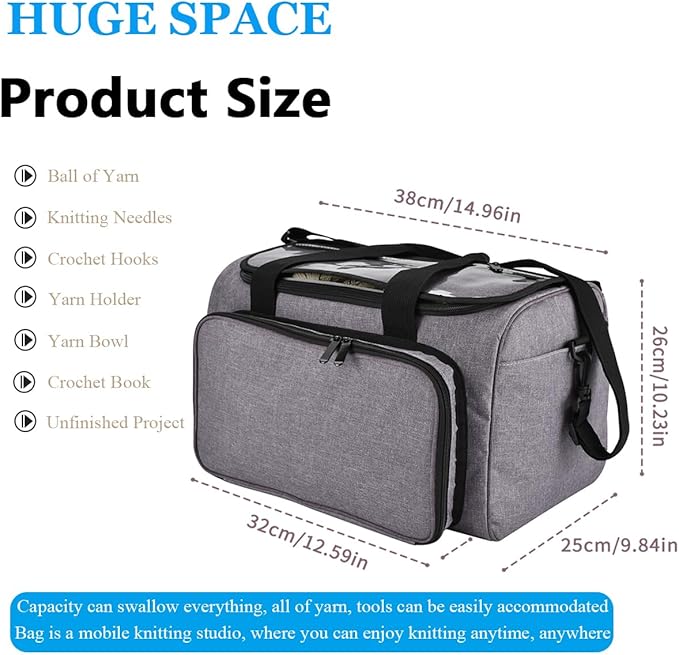 Weabetfu Large Crochet Bag Knitting Bags and Totes Organizer Huge Yarn Bag Storage for Crocheting Knitter,Crochet Hooks,Knitting Needles Kit,Supplies,Yarn - Ideal Crochet & Knitting Gift(Grey)