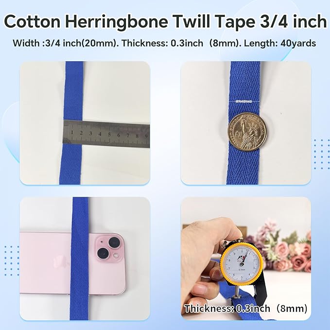 Royal Blue Twill Tape 3/4 Inch Wide - 40 Yards Herringbone Cotton Webbing Bias Binding Tape for Sewing, Crafting, DIY Projects, Pet Collars, Gift Wrapping and Home Decoration