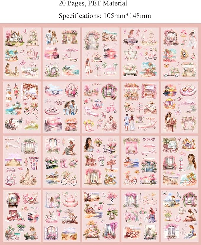 MAFELOE 20 Pages PET Scrapbook Stickers, Aesthetic Deco Supplies for Journaling Junk Bullet Diary Album Calendars-Travel Scenery Series-Pink (Y3-P-SSYS)
