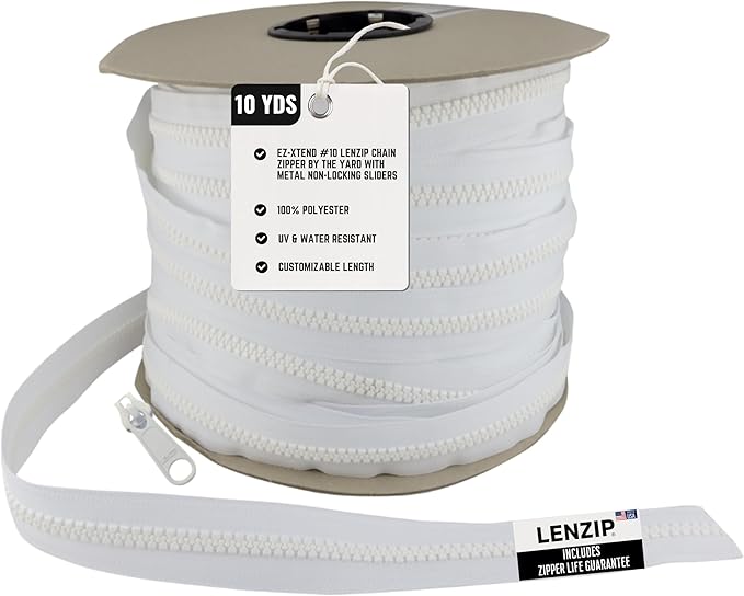 EZ-Xtend #10 Lenzip Chain Plastic Molded Plastic Tooth Zipper by The Yard w/Non-Locking Sliders. Boat Cushions, Duffle Bags, Back Packs, Sewing, Replacement Zipper(10 Yds & 8 Double Pulls Non-Locking)