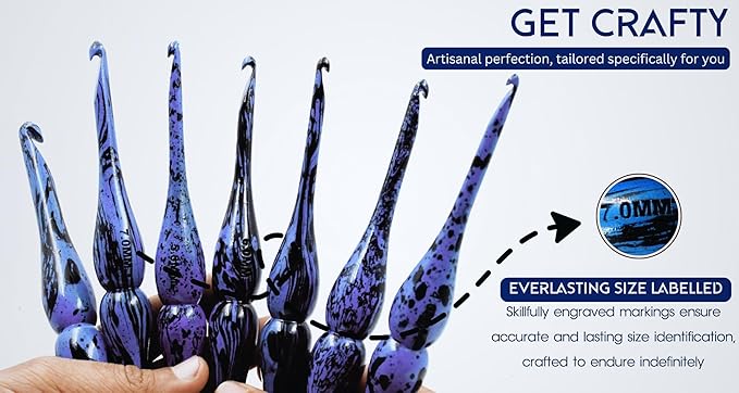 Wooden Crochet Hooks for Arthritic Hands - Set of 7 | 4mm to 10mm - Ergonomic Soft Grip Handle Engraved with Sizes - Crochet Hooks Set for Crocheting Yarn - Beautiful Gift for Her (Set of 7, Blue)