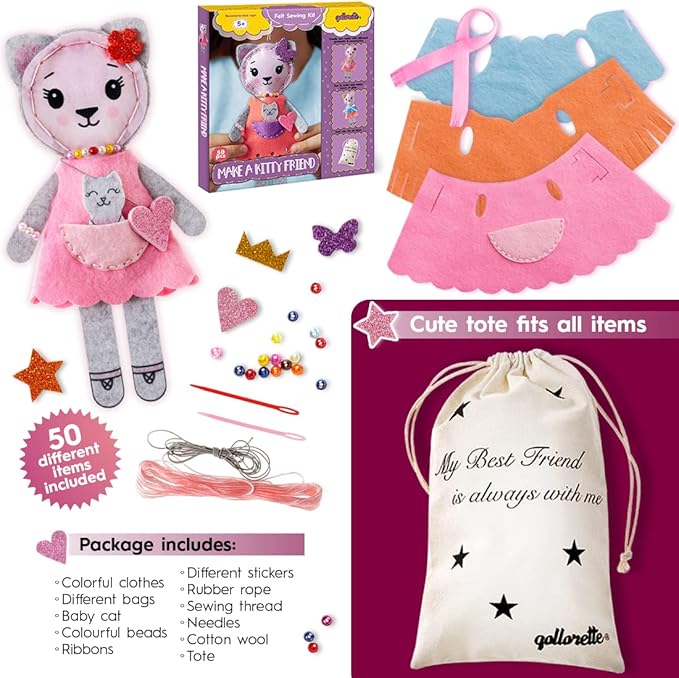 qollorette Felt Sewing Kit for Children, Make Your Own Kitty Toy, Kids' Craft Kit - Make A Friend Sew Kit - Beginner Sewing Kit for Kids, Learn to Sew & Play