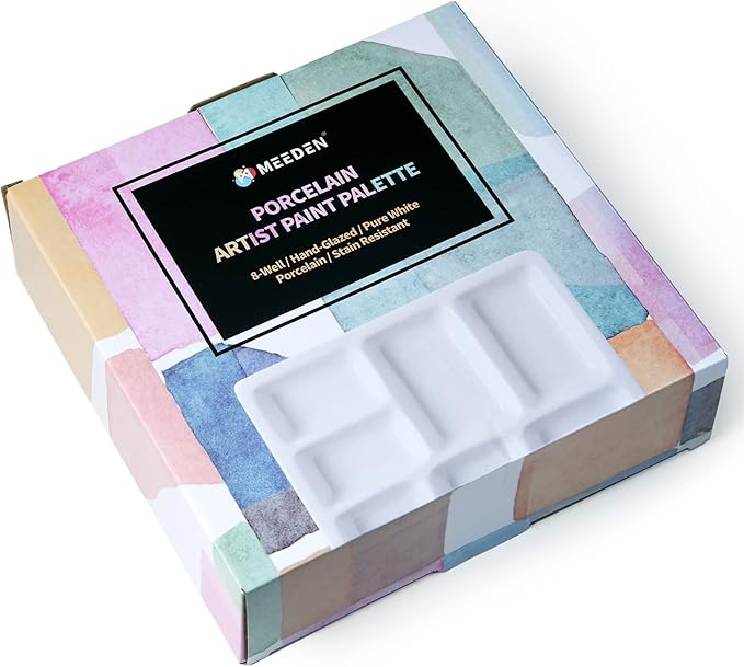 MEEDEN 8-Well Ceramic Artist Paint Palette, Square Porcelain Watercolor Palette, White Ceramic Mixing Tray for Gouache Painting, Oil Painting, Acrylic Painting & Tempera Painting, 7"× 7"× 0.9"