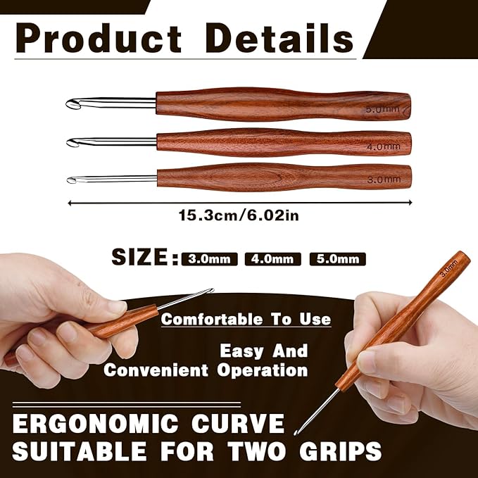 Nitlak 3 Pcs Crochet Hook, 3 Size Aluminum Ergonomic Crochet Hook with Wooden Handle for Arthritic Hands, Beginners, Crochet Needles for Knitting (3mm/4mm/5mm)