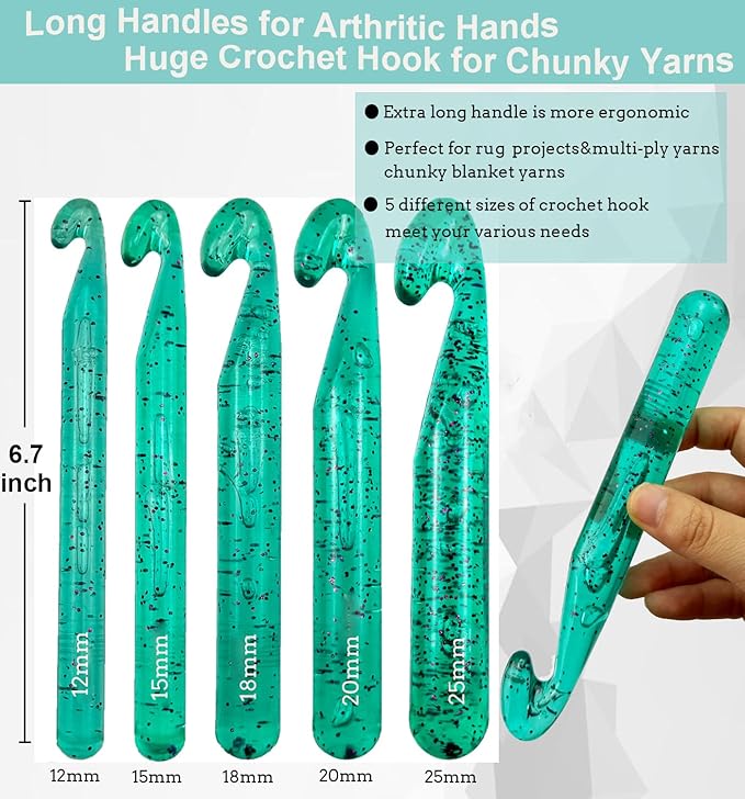 Weabetfu 5 Large Crochet Hook,25mm 20mm 18mm 15mm 12mm Size Crochet Hooks, Large Crochet Hook for Chunky Yarn,24PCS Big Crochet Hooks,10mm-25mm Crochet Needles with Case (Green)